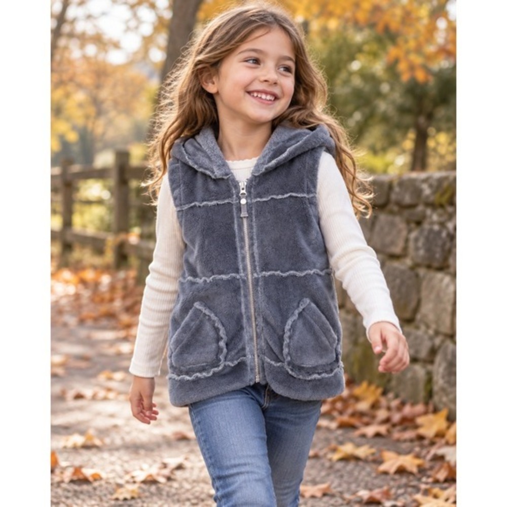 Ragdoll and Rockets Girls Gray Faux Fur Hooded Vest Zip Front Plush Size 4T